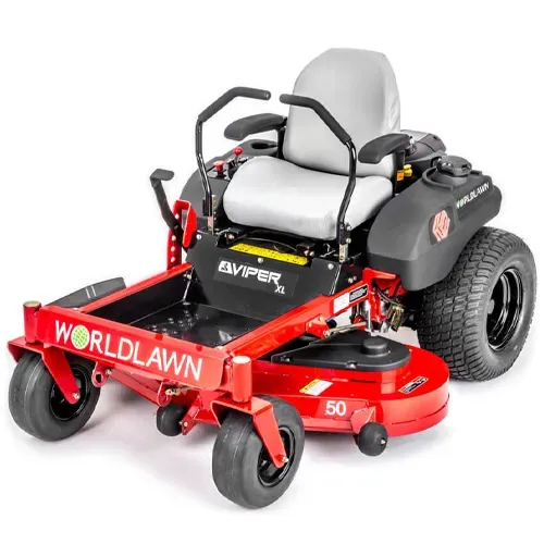 Red and black WorldLawn zero-turn mower with gray seat and front cutting deck, isolated on white background