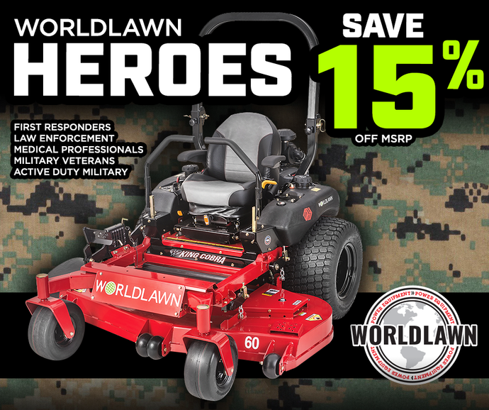 Worldlawn Heroes promo showing red zero-turn mower, military camouflage background, and “Save 15% off MSRP” text