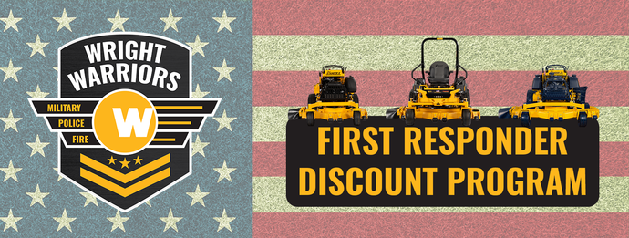 Wright-Harrod logo beside yellow-and-black “First Responder Discount Program” banner with first aid kit icon