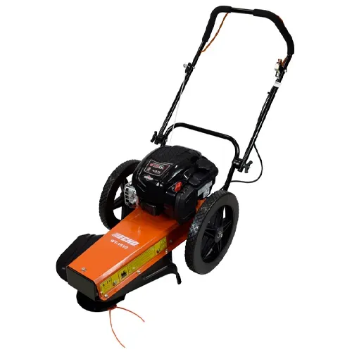 Orange-and-black self-propelled lawn mower with a black handle on a white background