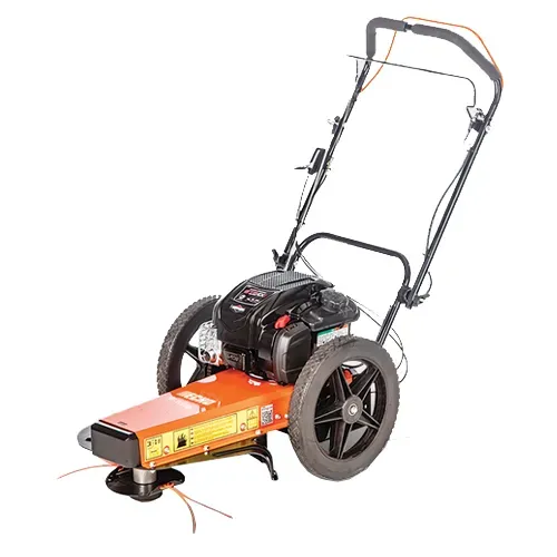 Orange and black push lawn mower with large rear wheels and folding handle on a white background