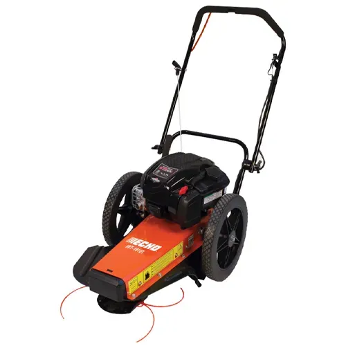 Orange and black gas-powered push lawn mower with red cutting strings on a white background