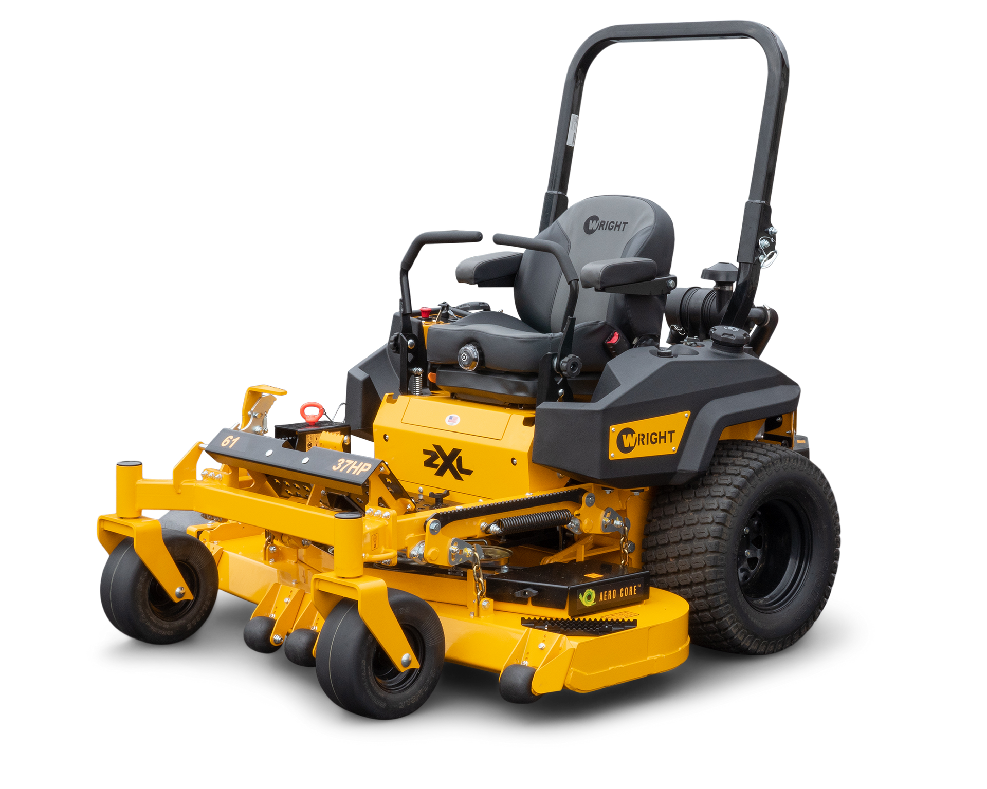 Yellow zero-turn lawn mower with black seat and roll bar, shown in side view on white background