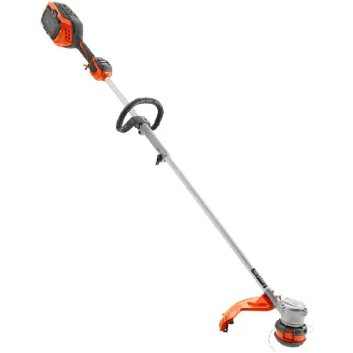 Orange and black cordless string trimmer with a long silver shaft on a white background