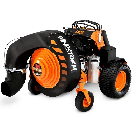 Orange-and-black lawn mower with a large front blade attachment on a white background