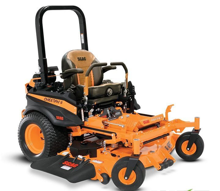 Orange zero-turn riding mower with black seat and frame, shown on a white background