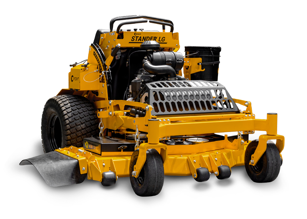 Yellow and black riding lawn mower with large rear tires and front cutting deck on white background