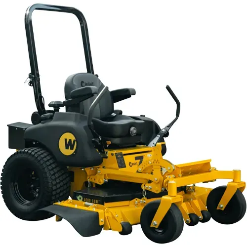 Yellow and black riding lawn mower with large rear tires and front cutting deck