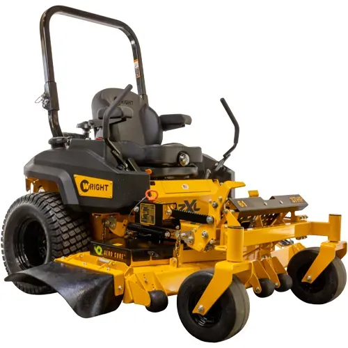 Yellow Cheetah zero-turn lawn mower with black seat and wide front cutting deck on white background