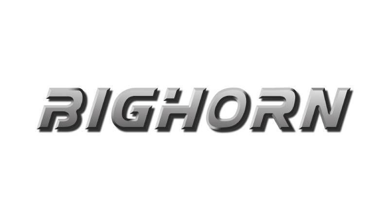 Stylized metallic gray “BIGHORN” logo on a white background