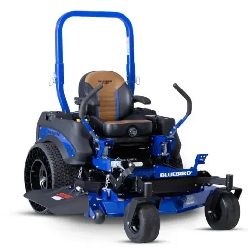 Blue electric wheelchair with black seat and front caster wheels, shown on a white background