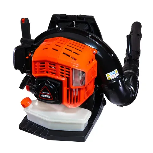 Orange and black leaf blower with white fuel tank on a black base