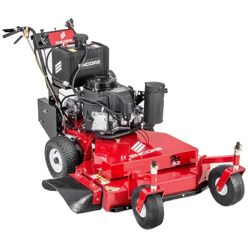 Red commercial lawn mower with black engine and white wheels, shown on a plain white background