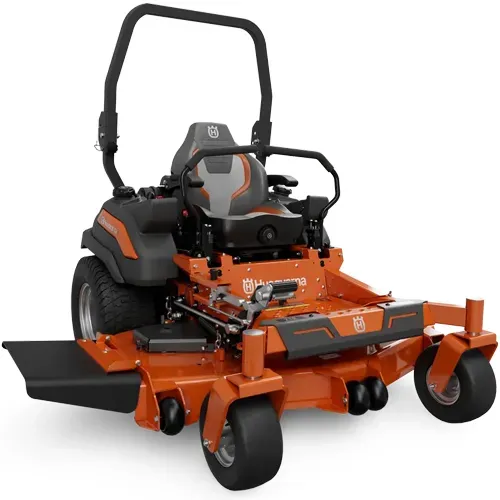 Orange zero-turn riding lawn mower with black roll bar and front caster wheels