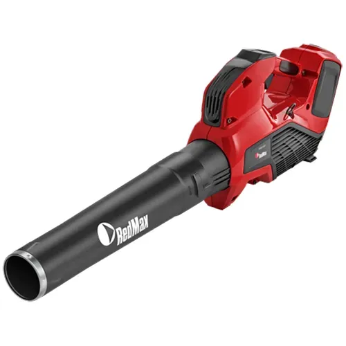 Red and black handheld leaf blower with long nozzle on white background