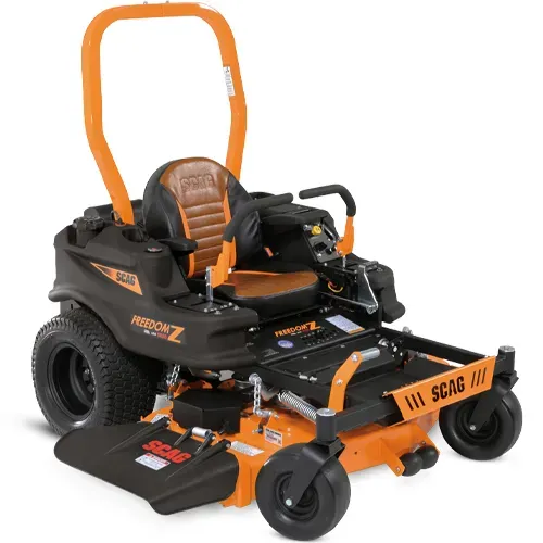 Black and orange SCAG riding lawn mower with orange roll bar and front casters on white background