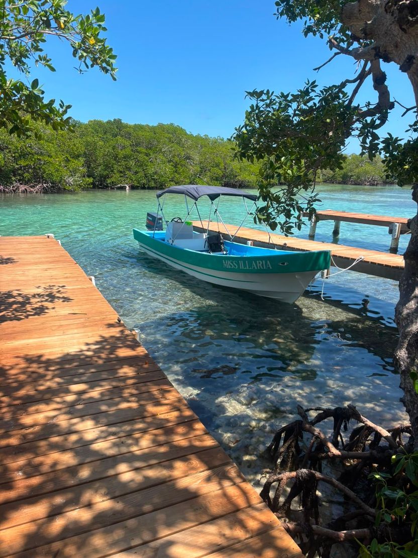 Local guide on skiff scanning turquoise waters