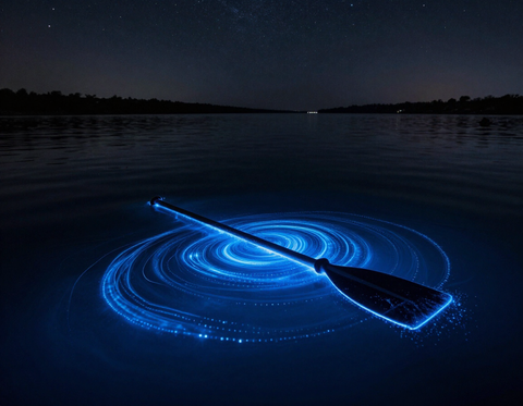 Bioluminescence glowing in lagoon at night
