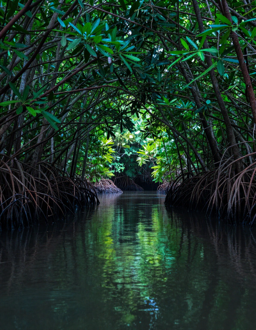 Red mangrove canopy tunnel on a jungle river in Belize