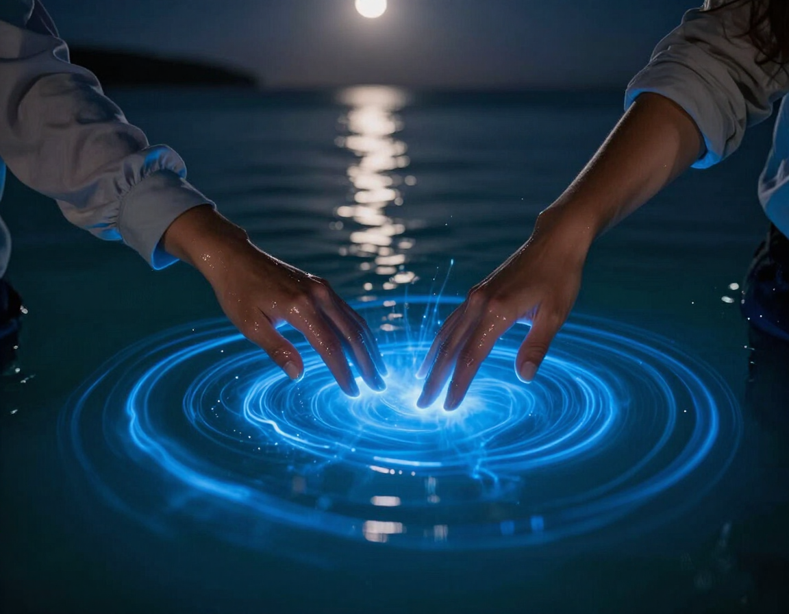 Electric blue bioluminescent light swirling in a dark lagoon
