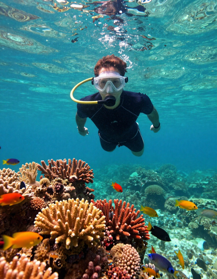 Snorkeler above coral garden at the Belize barrier reef