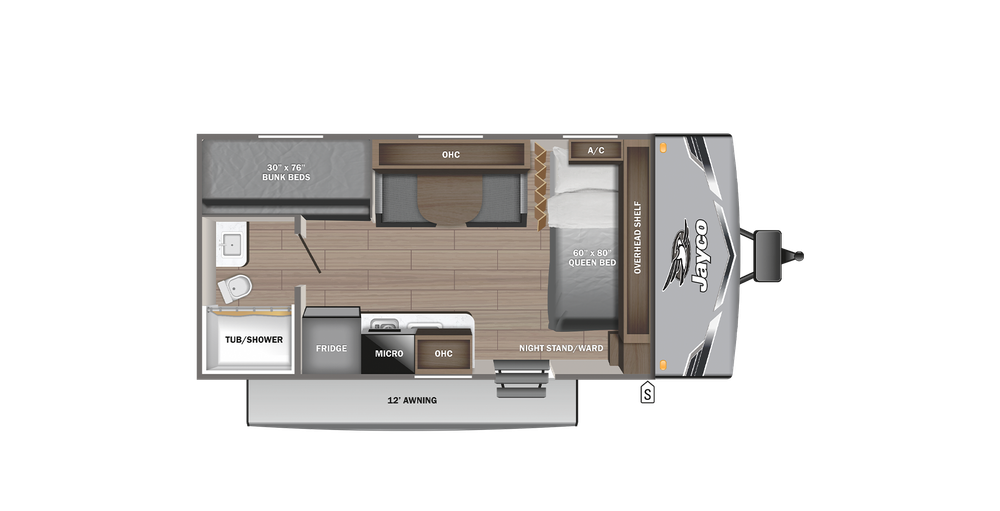 A floor plan of a travel trailer on a white background.