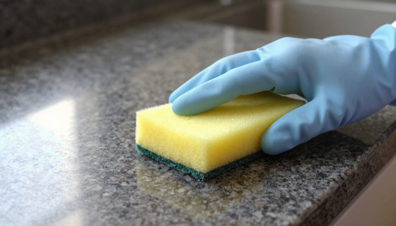 Scrubbing a granite countertop with a sponge