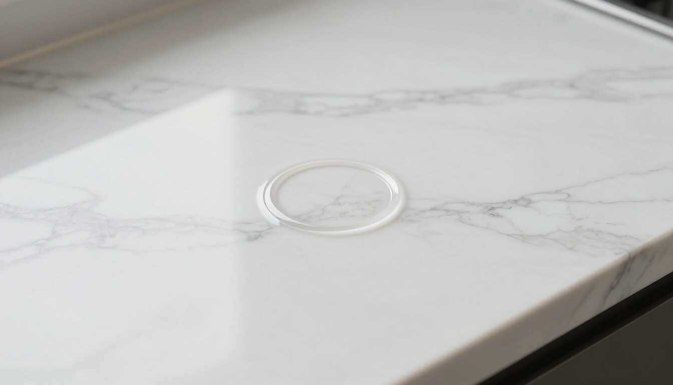 Etched dull water ring on a polished marble countertop