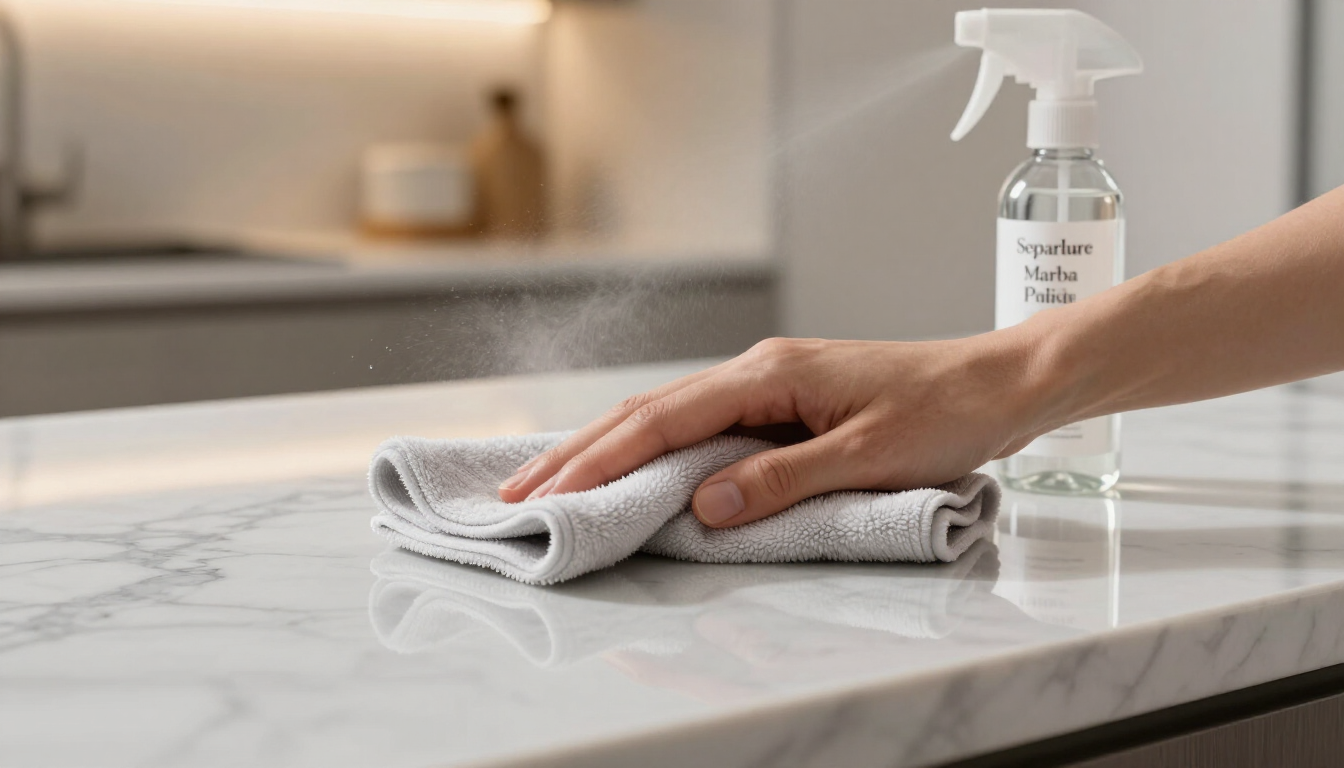 Polishing a marble countertop with a cloth and spray