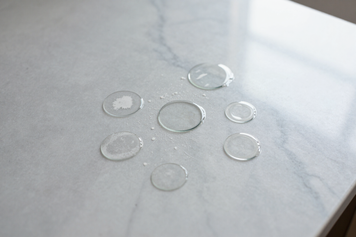 Etch marks and glass rings on a marble countertop