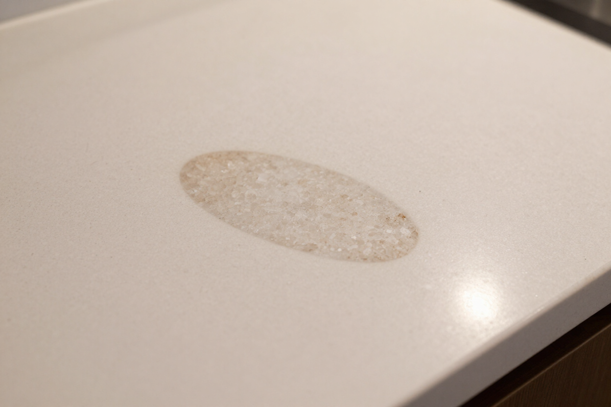 Heat damage dull spot on an engineered quartz countertop