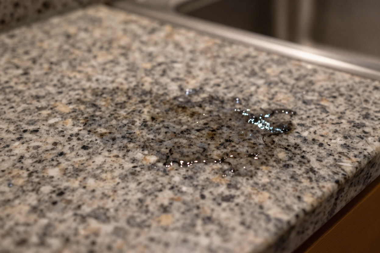 Soaked-in dark oil stain patch on a granite countertop