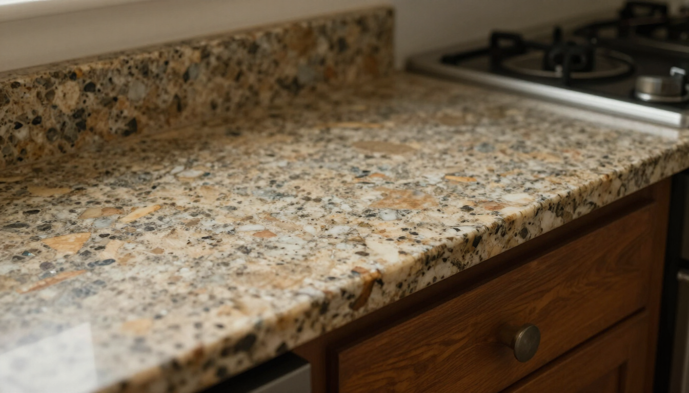 Whole granite countertop looking flat and worn in a kitchen