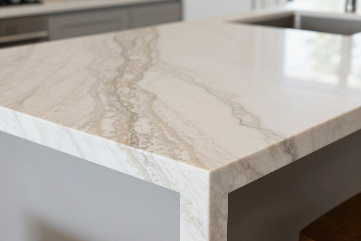Close up of a quartzite kitchen island countertop