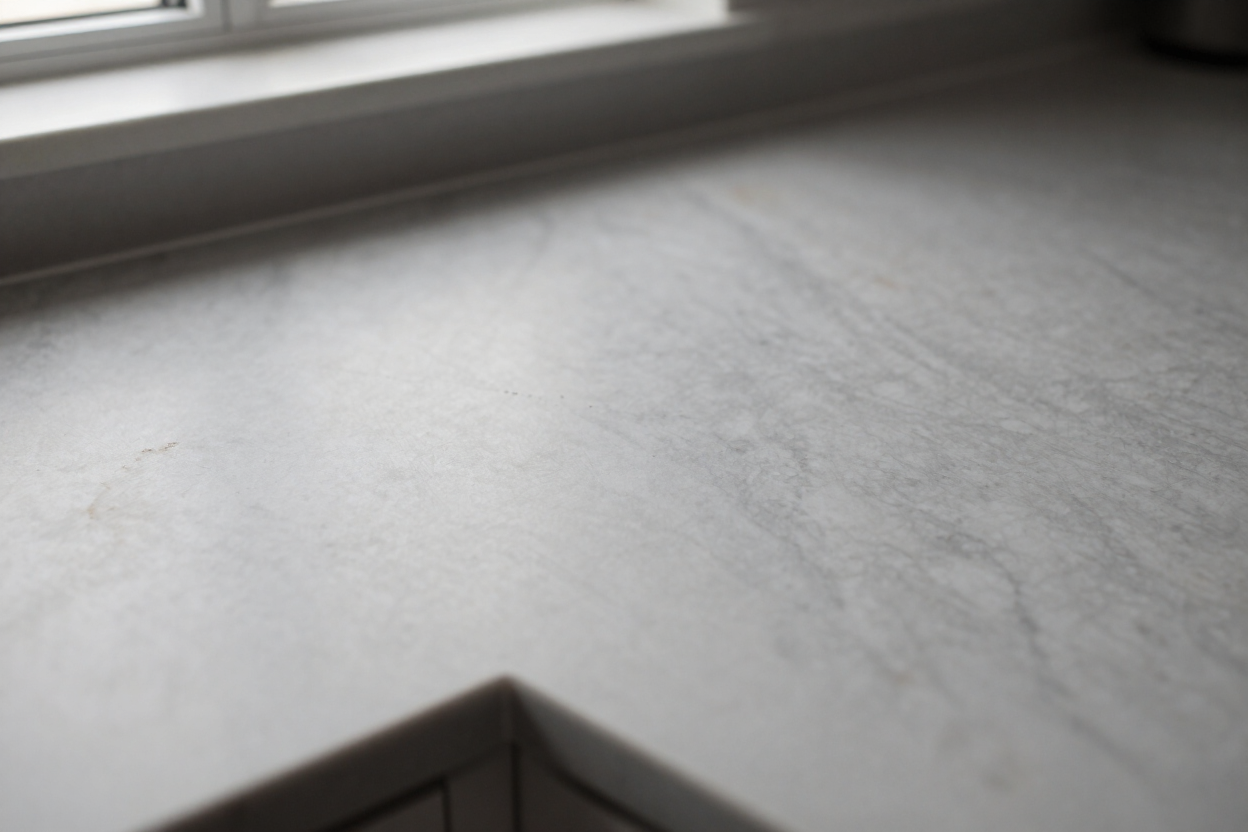 Dull worn marble kitchen countertop