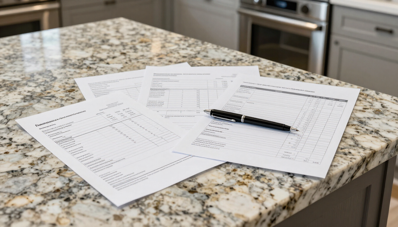 Fabricator invoice and paperwork for a kitchen countertop