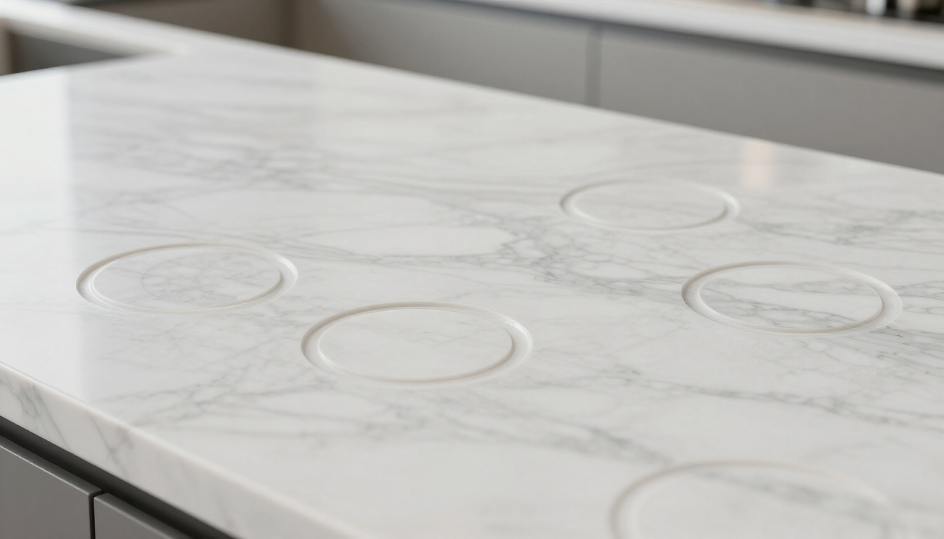 Marble kitchen countertop with etched rings