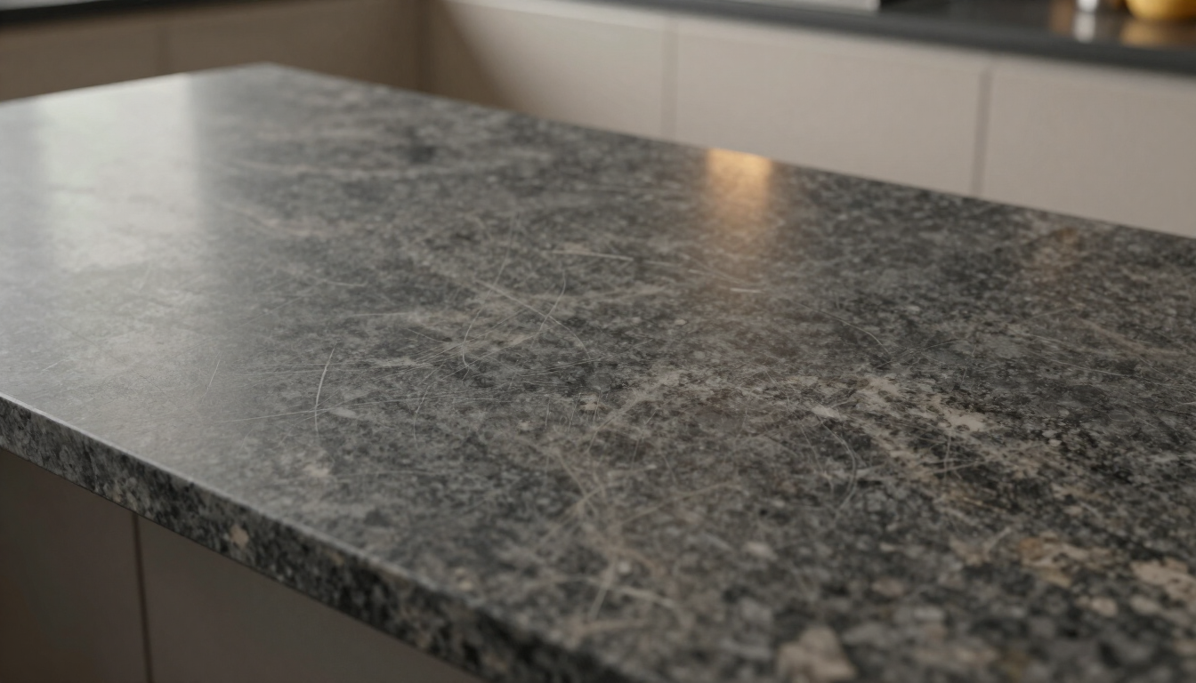 Worn granite kitchen countertop with a hazy finish