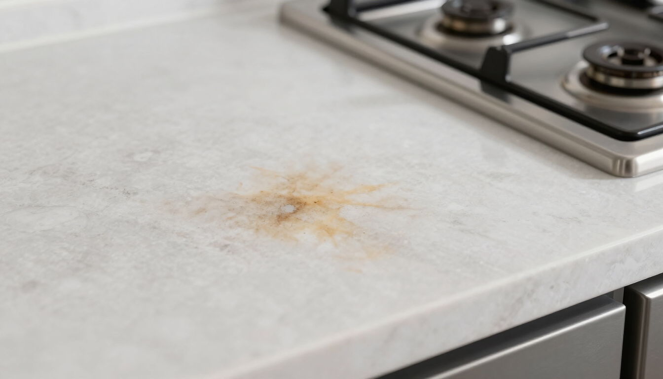 Engineered quartz countertop with a heat mark near the stove
