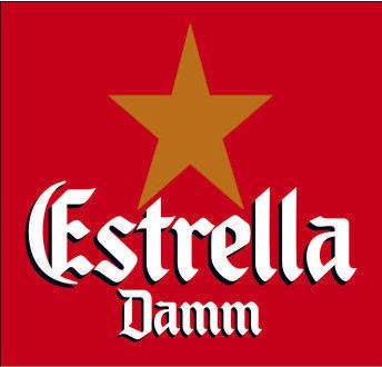 The estrella damm logo is on a red background