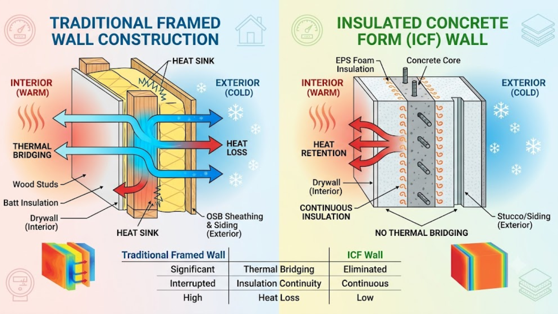 ICF walls improving insulation performance and reducing heating loss