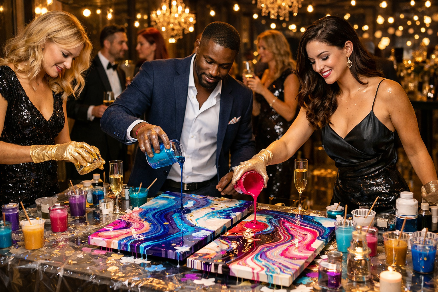 People in festive attire pour vibrant, colorful paint onto canvases during a creative birthday paint party.