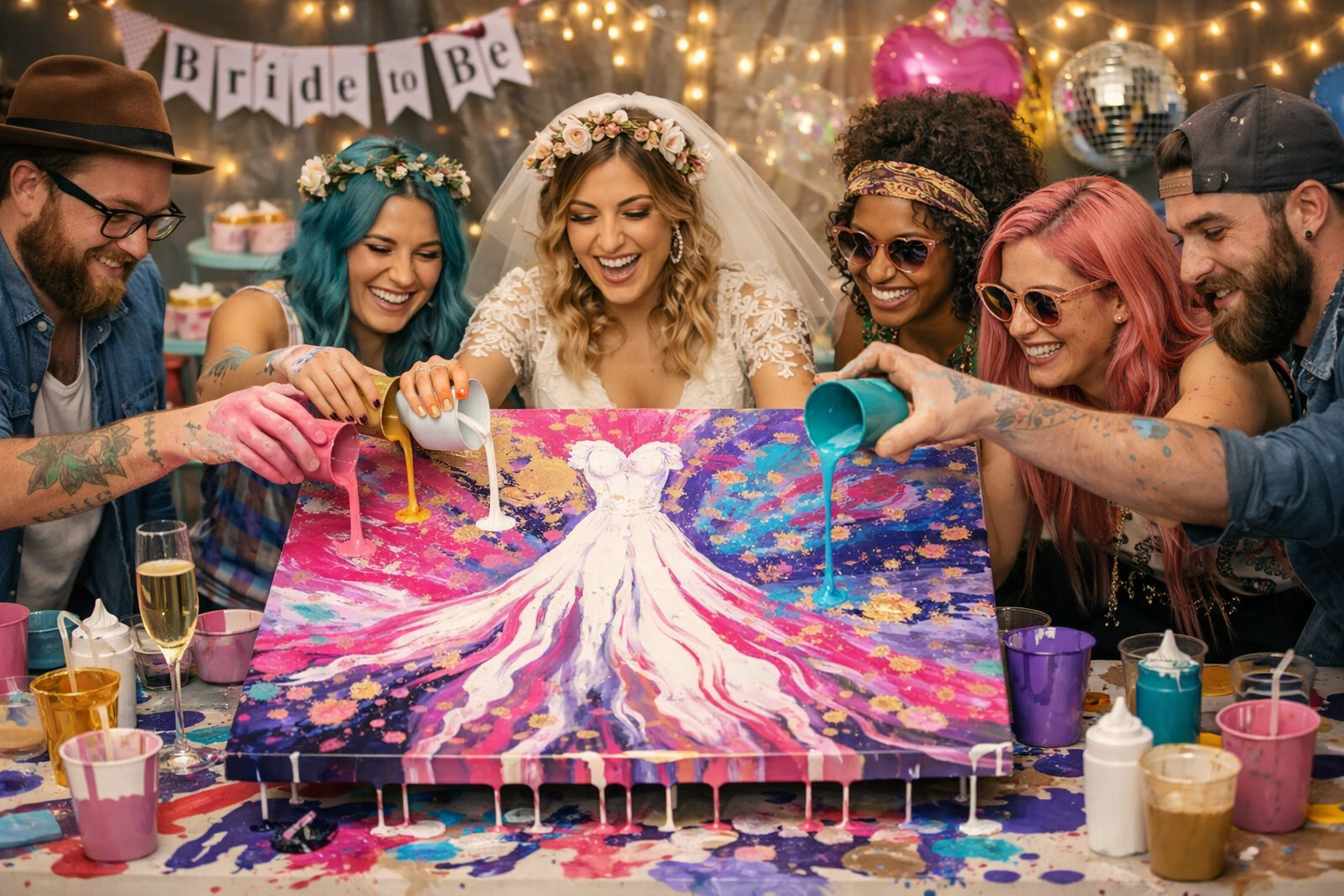 A bridal shower with a woman wearing a flower crown pouring blue paint onto a canvas, surrounded by friends at a table.