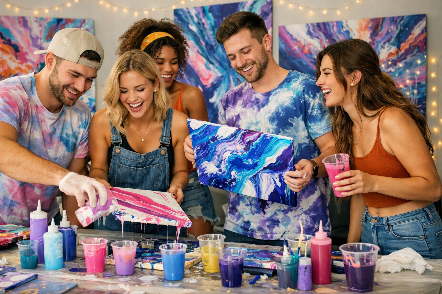 Four men are smiling while creating abstract pour paintings at a table filled with colorful paints at a backyard BBQ.
