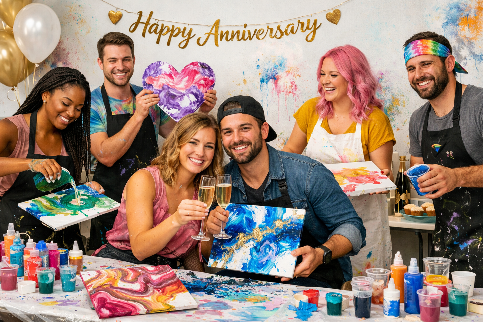 A group of people wearing aprons smiling and creating fluid art at an anniversary party with canvases and paint supplies.