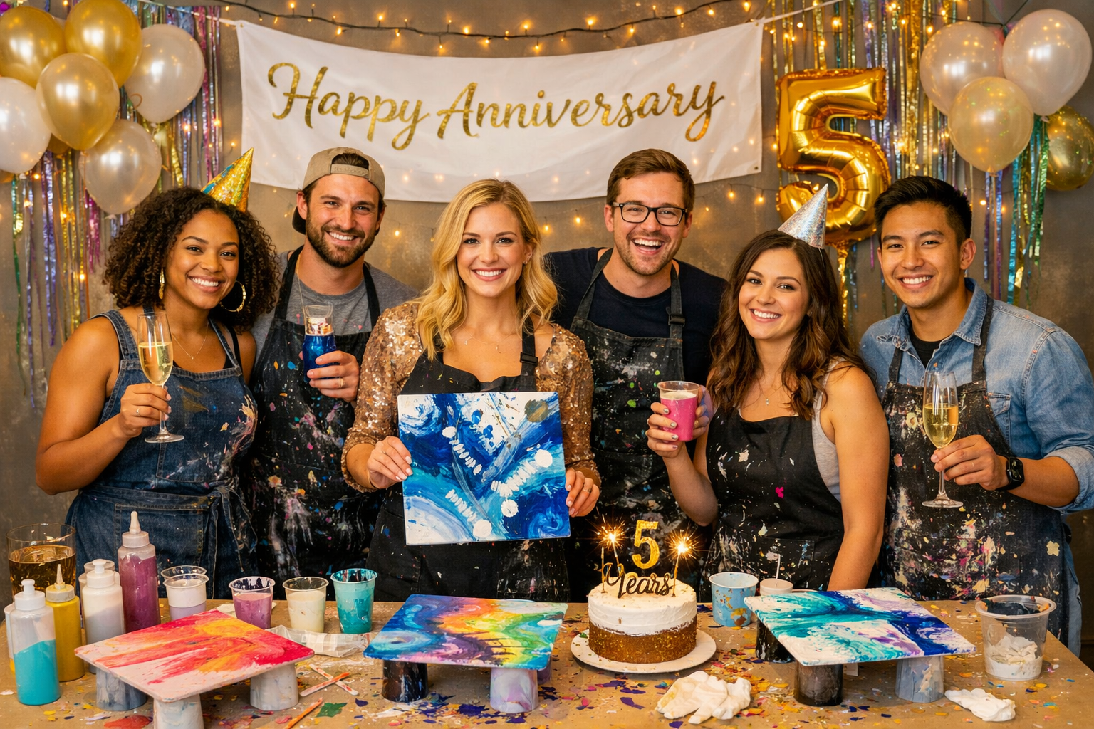 A couple clinking cups at a paint party, surrounded by abstract paintings, gold balloons, and