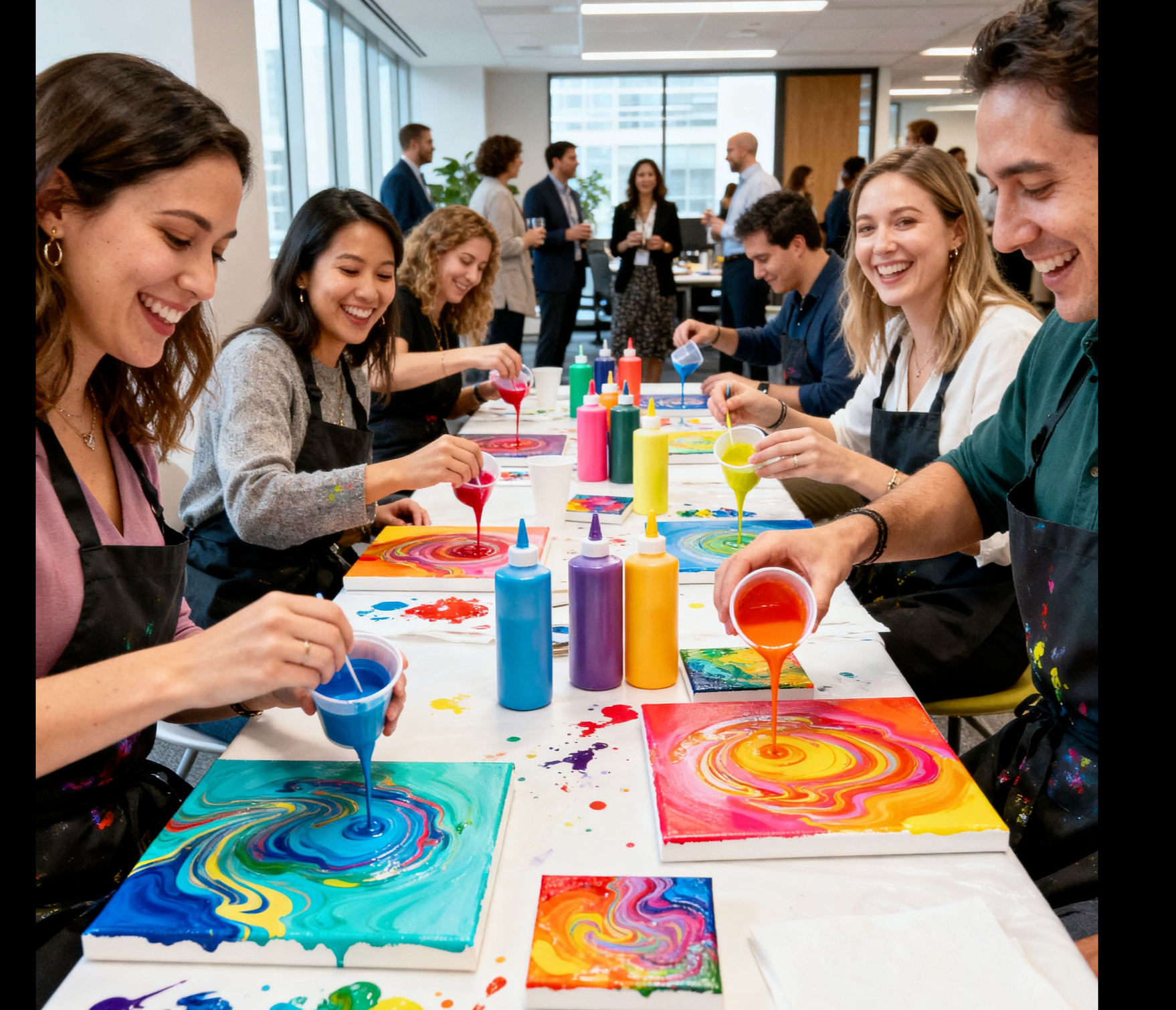 A group of people holding wine glasses at a table with colorful abstract acrylic pour paintings and art supplies in a winery