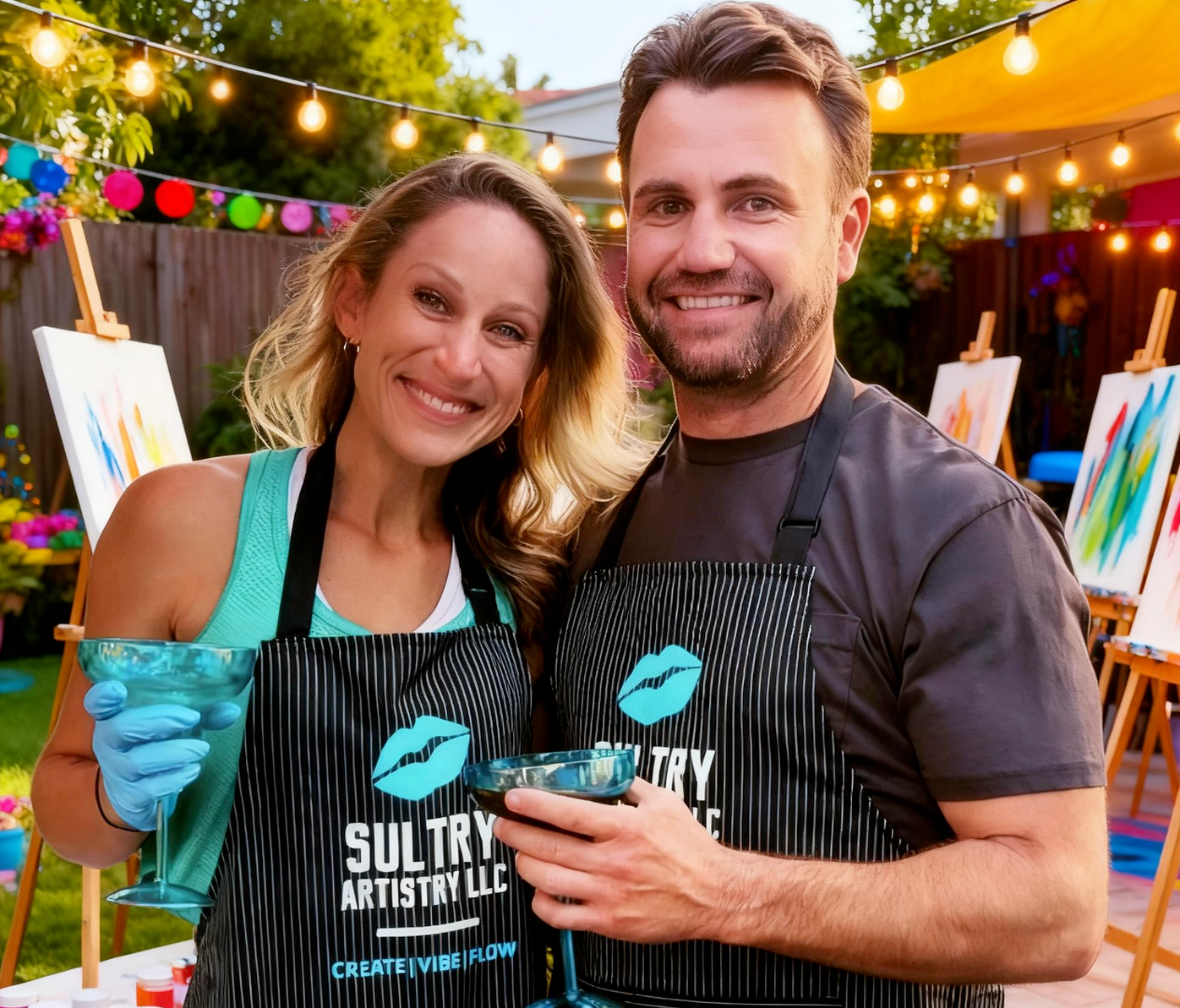 A group of people wearing aprons celebrating an anniversary at a paint party, surrounded by colorful art and supplies.