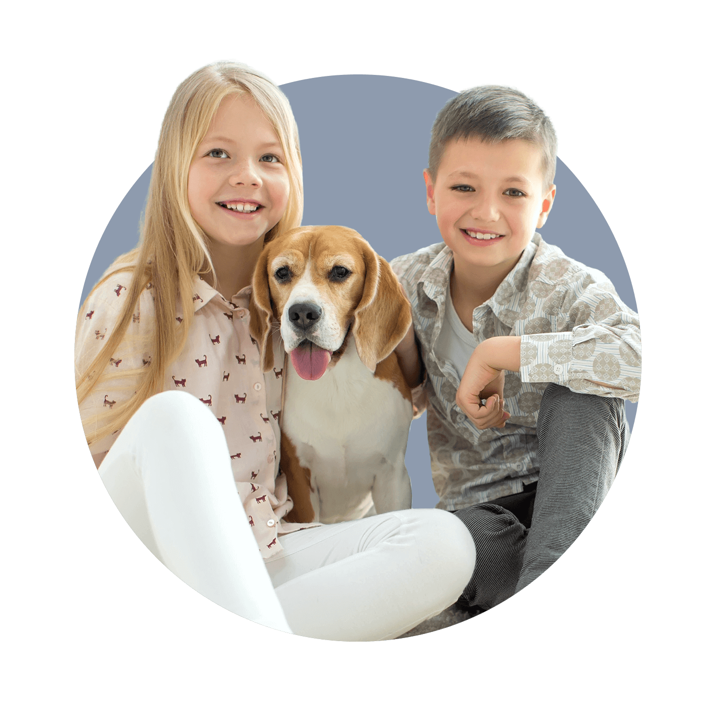 Young girl and boy with dog in the middle