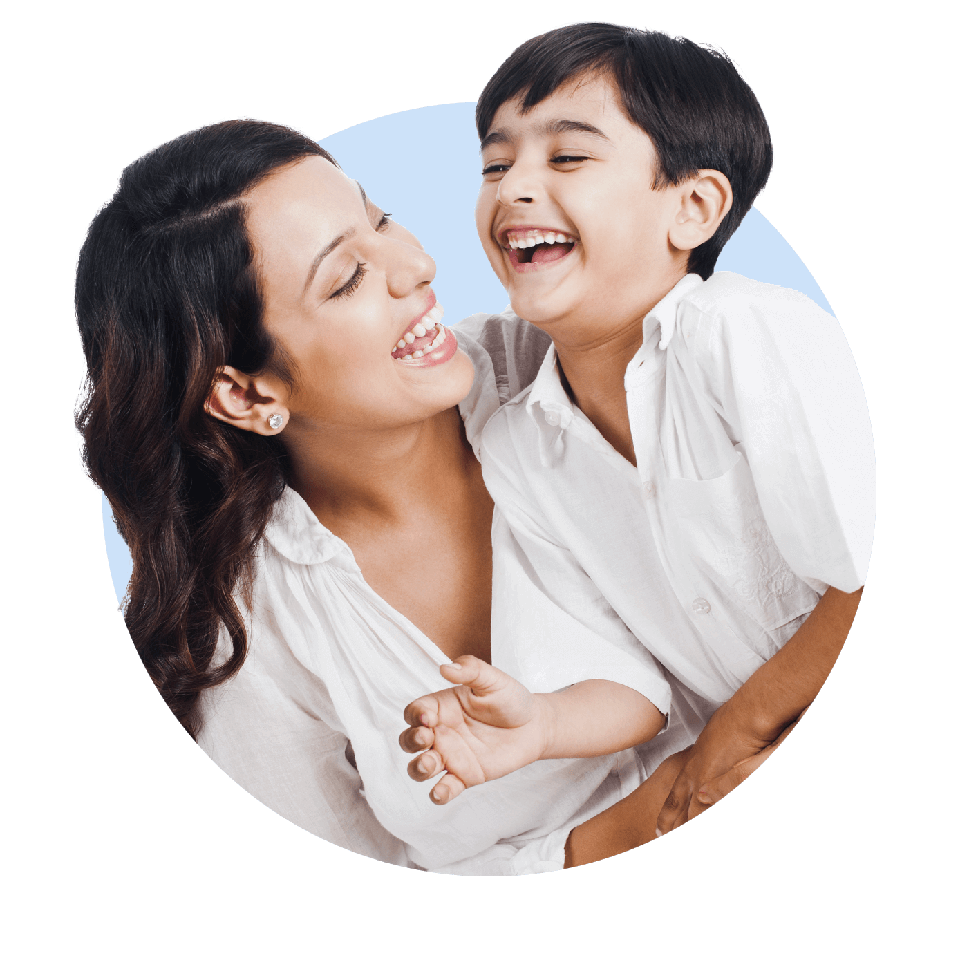 Young mother carrying son, both smiling